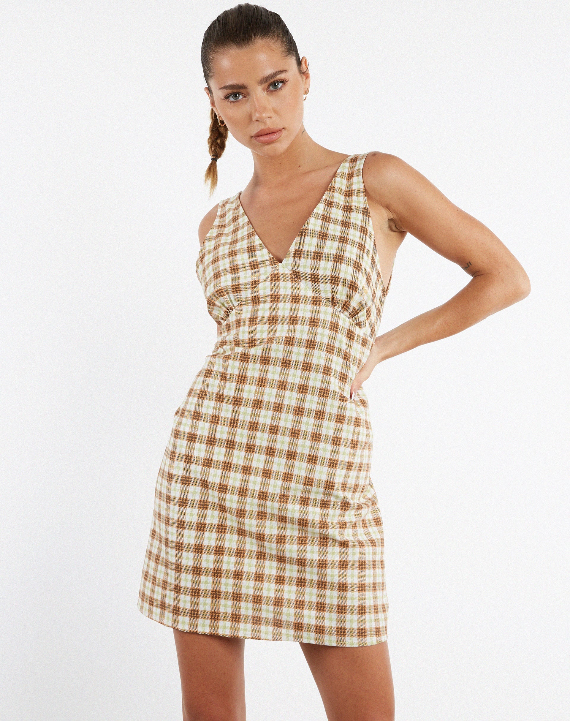 immagine di MOTEL X JACQUIE Eluned Day Dress a quadri gialli e marroni