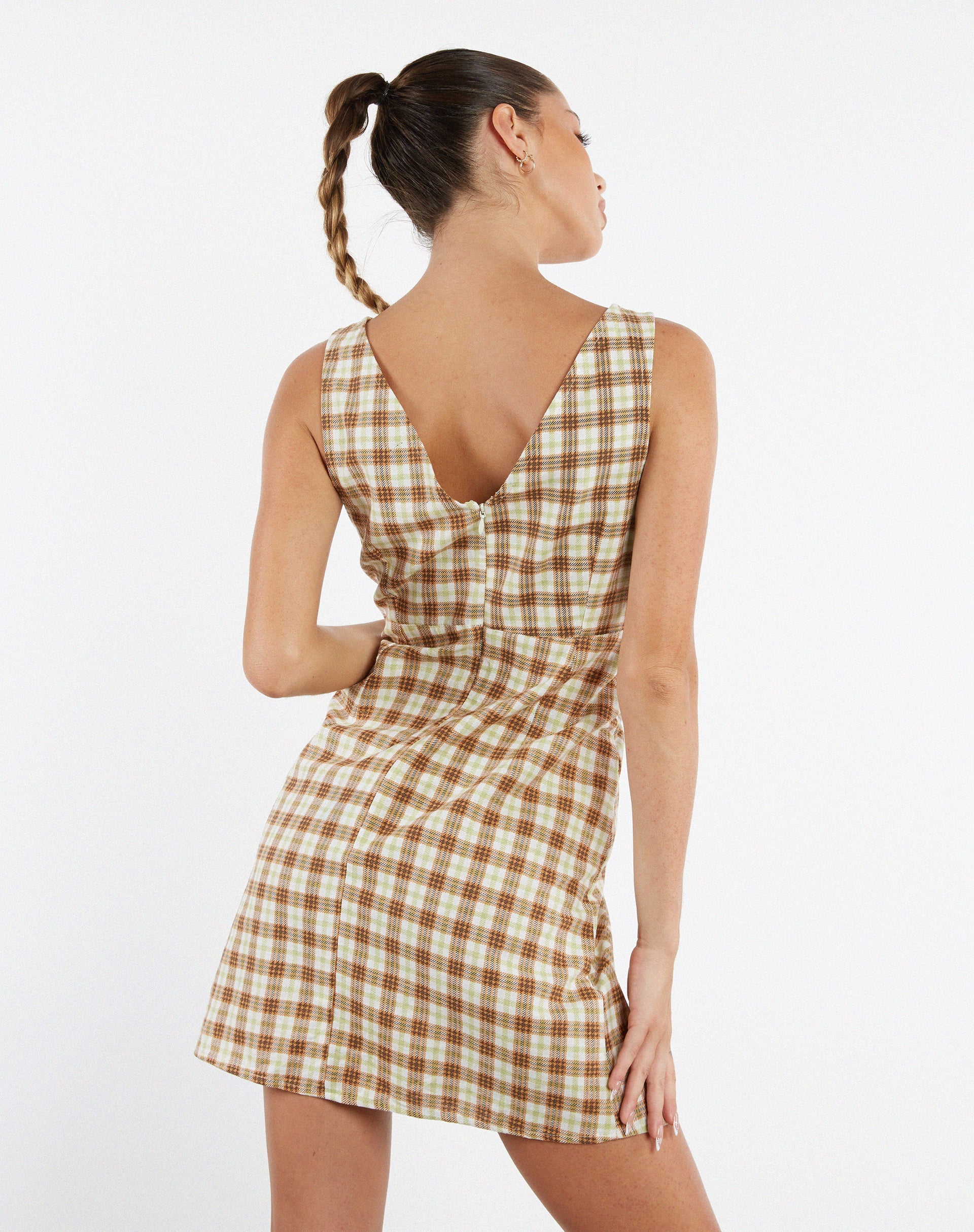immagine di MOTEL X JACQUIE Eluned Day Dress a quadri gialli e marroni