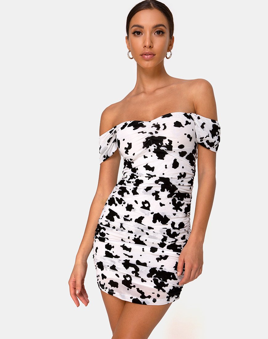 Immagine di Ennete Off The Shoulder Dress in Flock Dalmatian Nero e Bianco