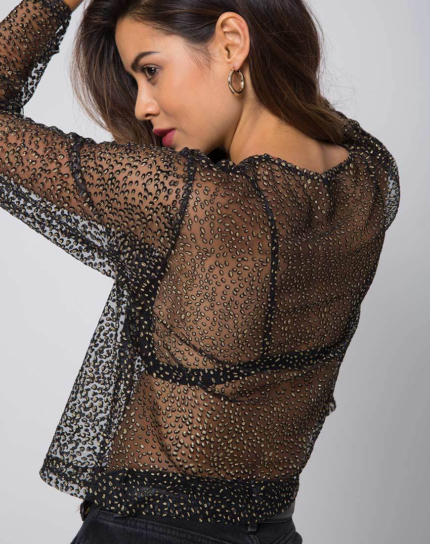Top a maniche lunghe Ether in rete glitterata nera
