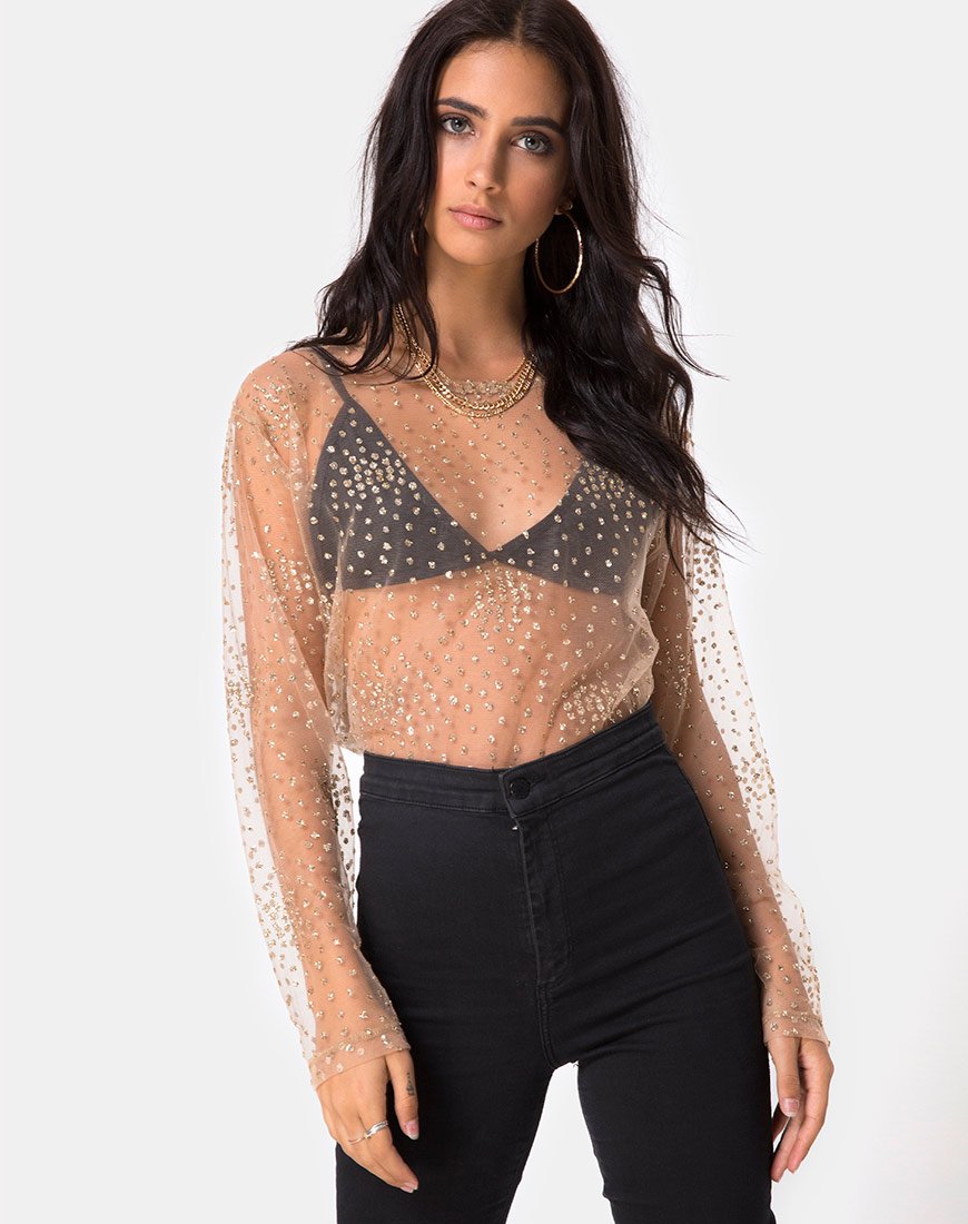 Top a maniche lunghe Ether in glitter oro su rete Tan