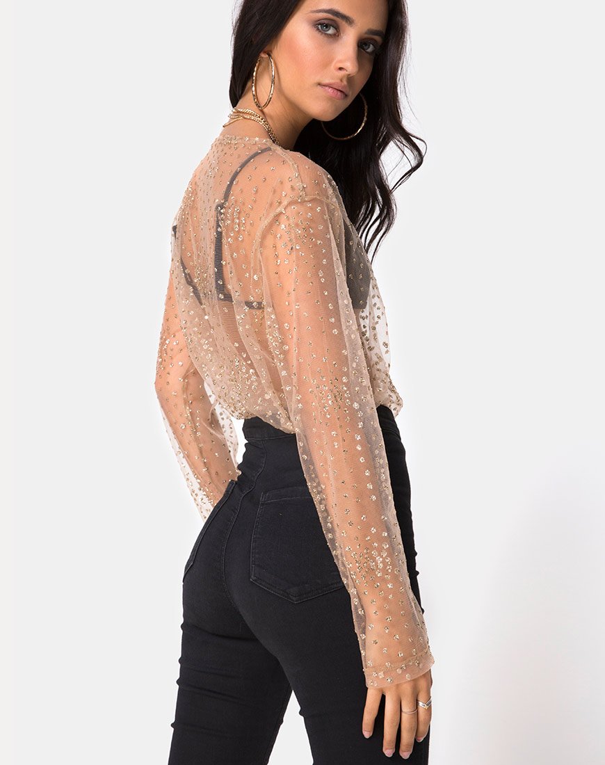 Top a maniche lunghe Ether in glitter oro su rete Tan
