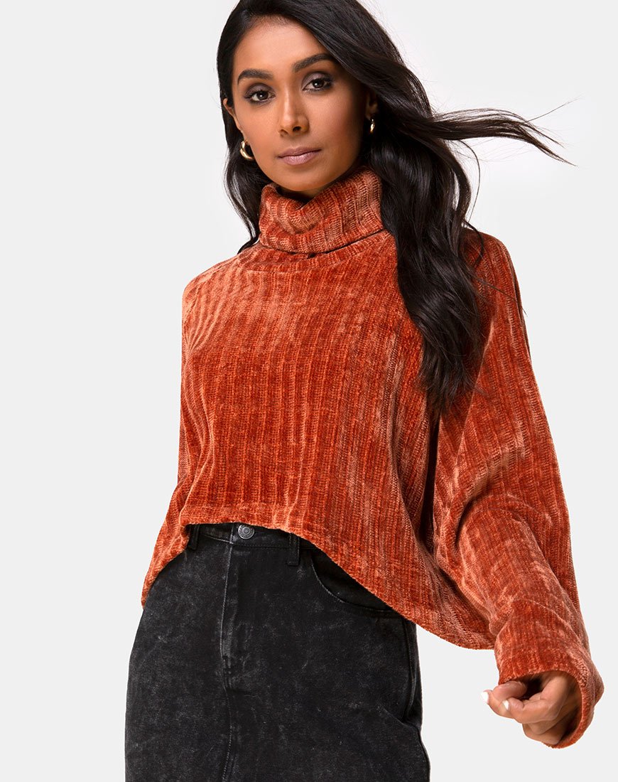 Maglione cropped Evie in ciniglia color ruggine