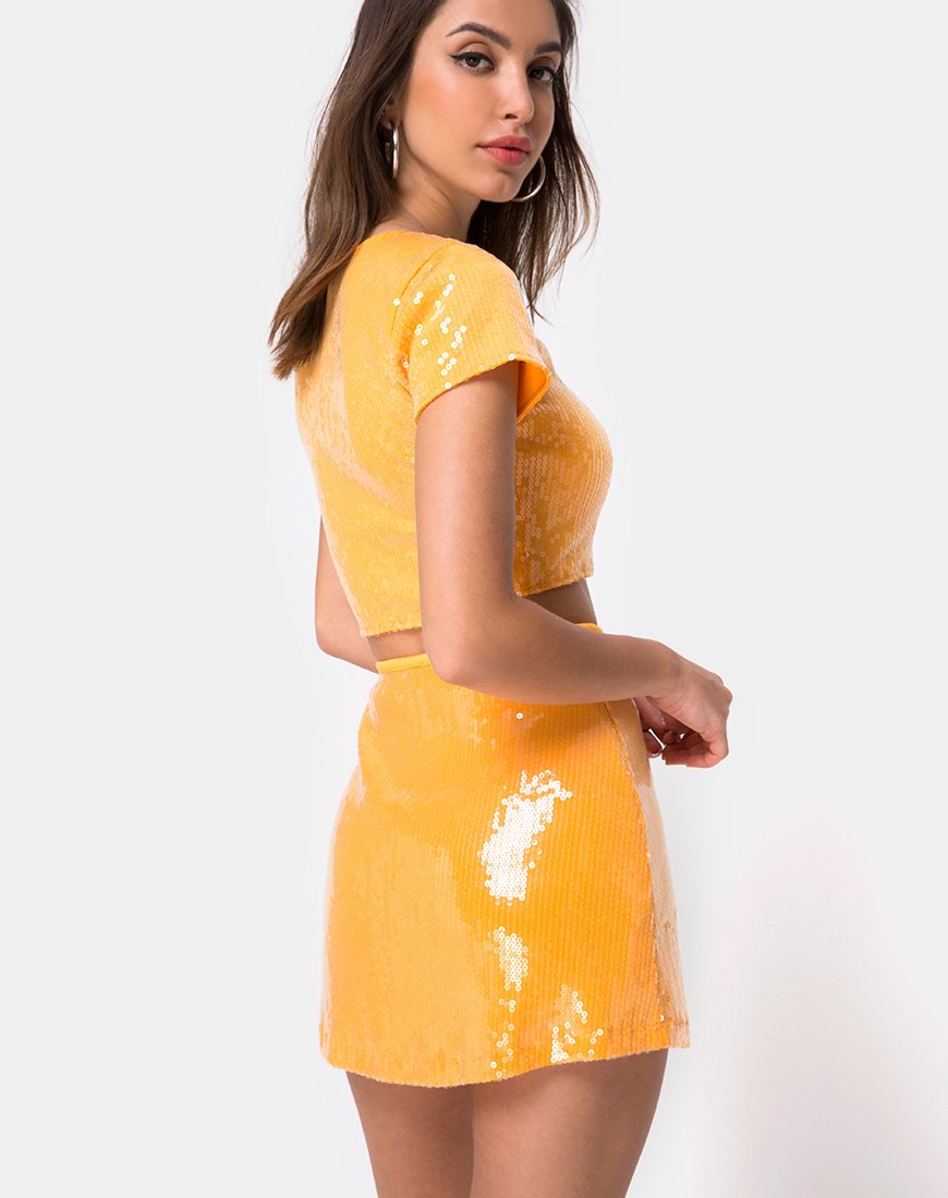 Gonna Ewi in tangerino con paillettes trasparenti