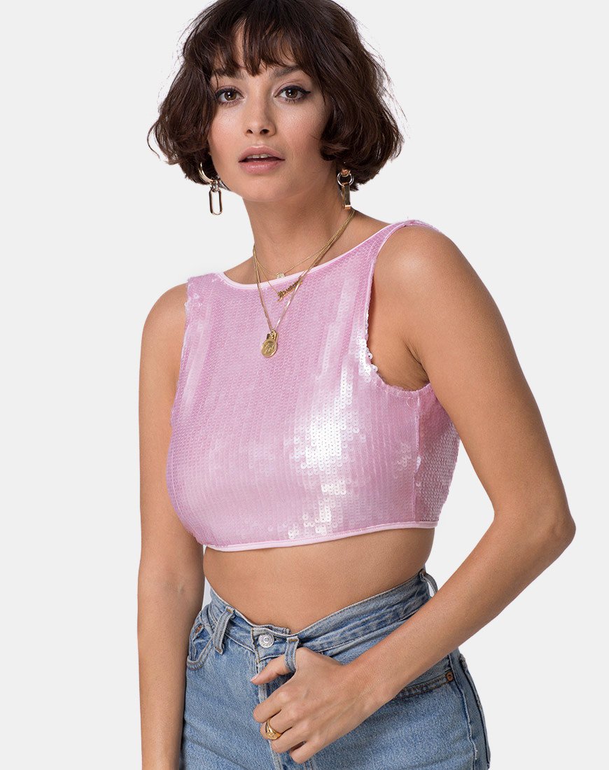 Crop Top Faith in paillettes tinta rosa