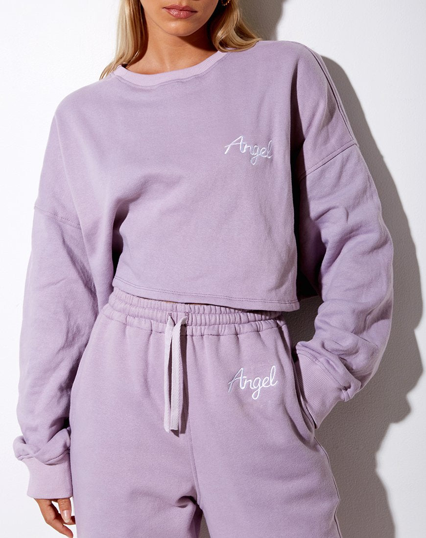 Crop Top Fawly in viola con ricamo 'Angel' in bianco