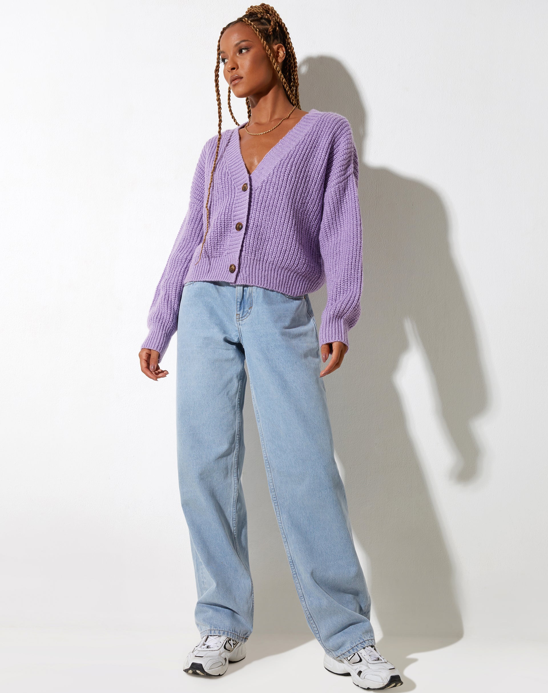 immagine del cardigan Faya in maglia viola