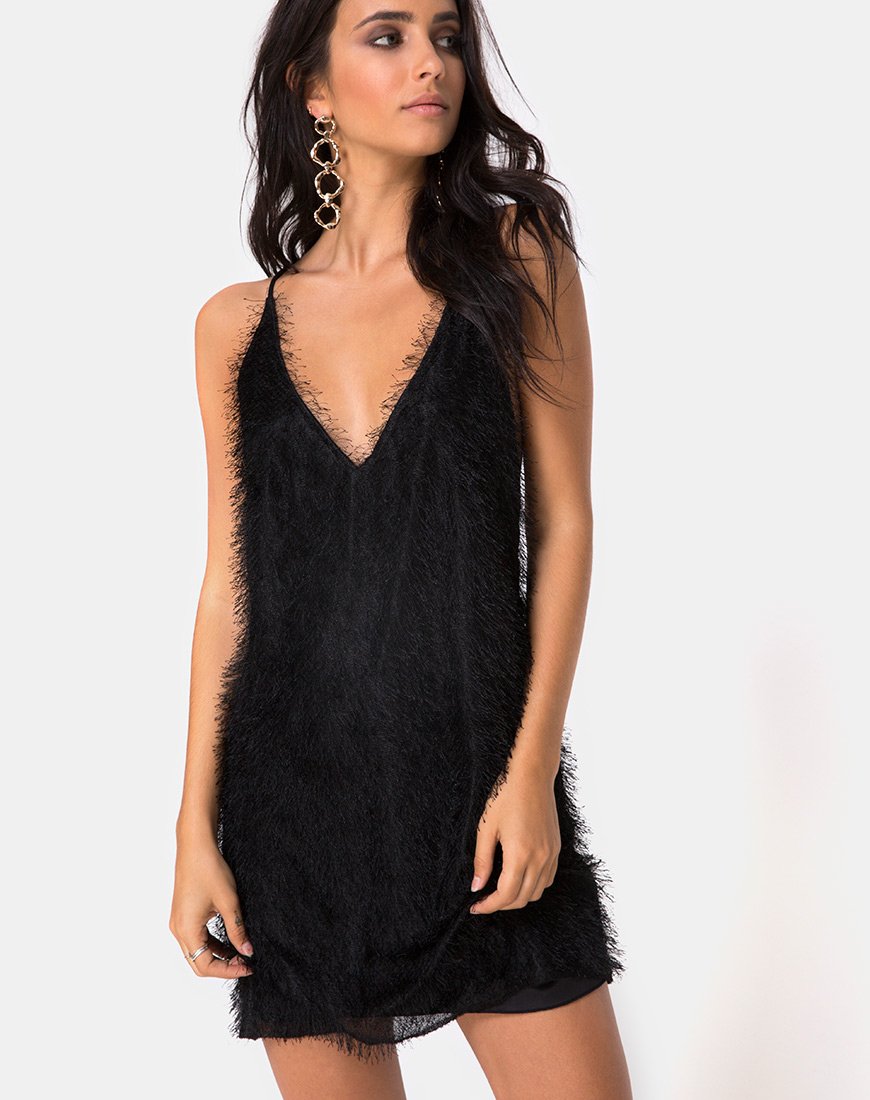 Finn Slip Dress con frange nero