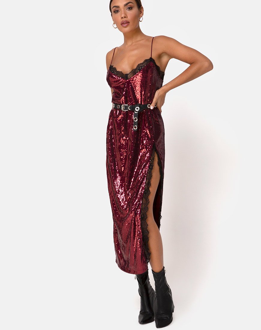 Immagine dell'abito Fitilia in mini paillettes bordeaux con pizzo nero