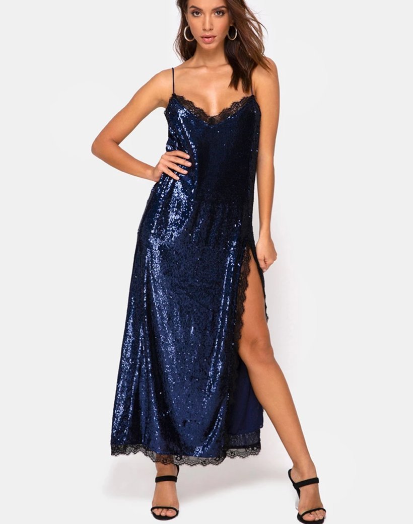 Maxi abito Fitilia in mini paillettes a mezzanotte con pizzo nero