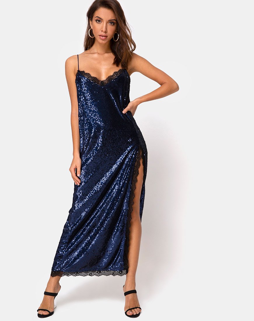 Immagine di Fitilia Maxi Dress in Midnight Mini Sequin con Pizzo Nero