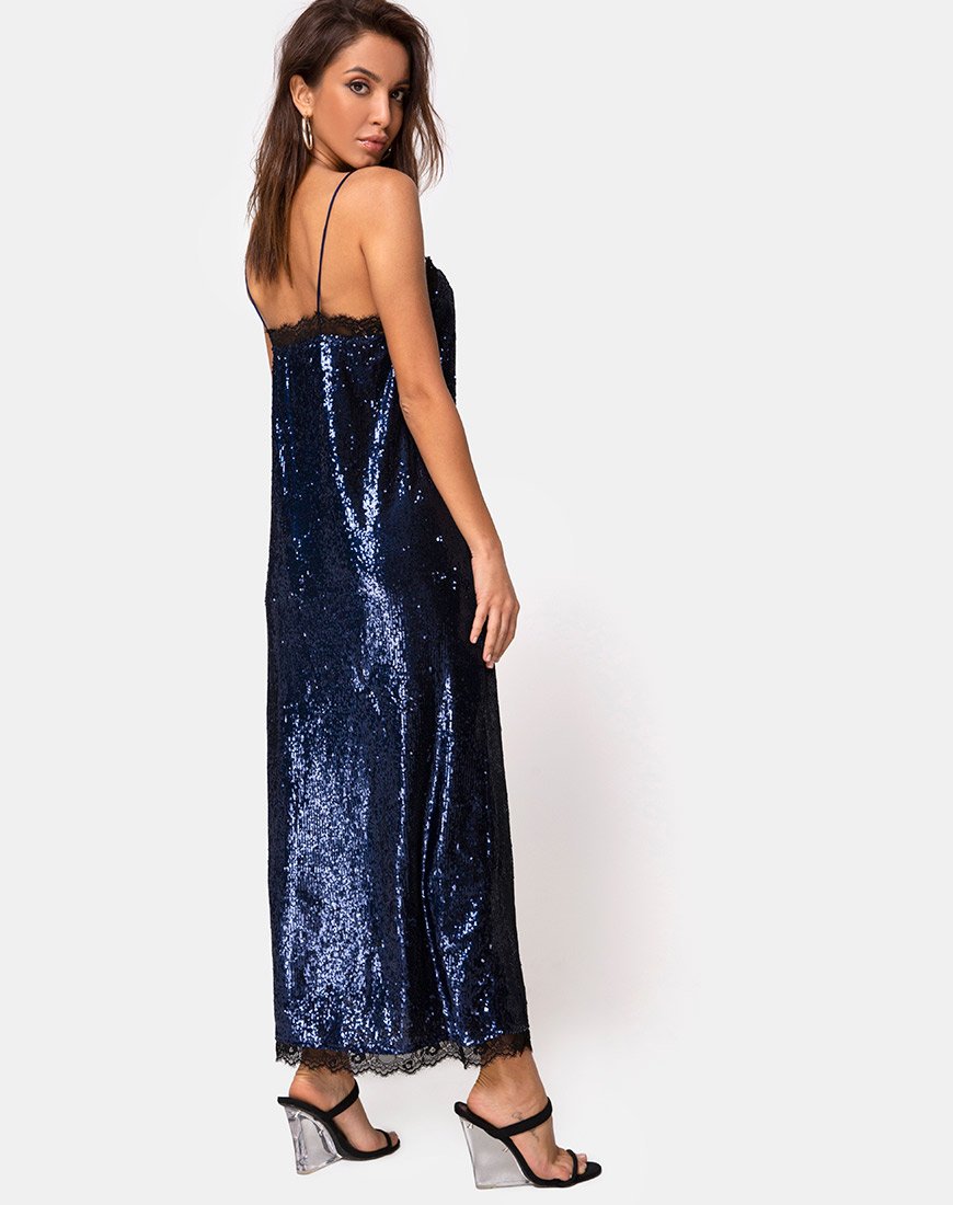 Maxi abito Fitilia in mini paillettes a mezzanotte con pizzo nero