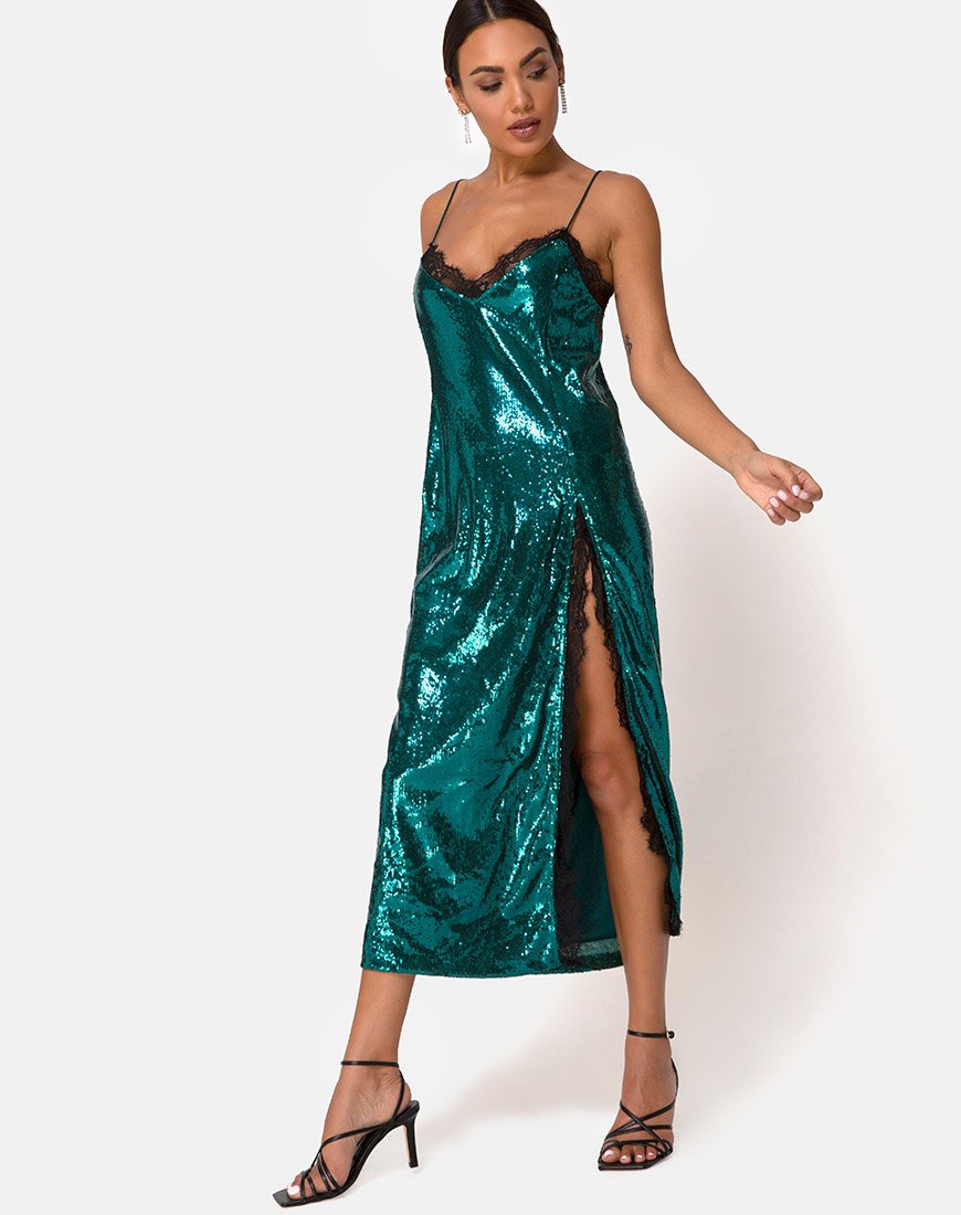 Abito Fitilia in mini paillettes verde acqua e pizzo nero