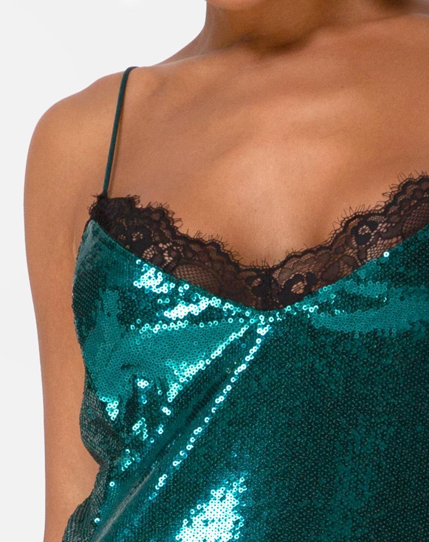 Immagine di Fitilia Dress in mini paillettes verde acqua con pizzo nero