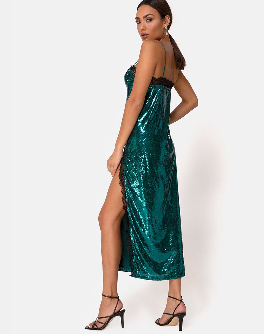 Immagine di Fitilia Dress in mini paillettes verde acqua con pizzo nero