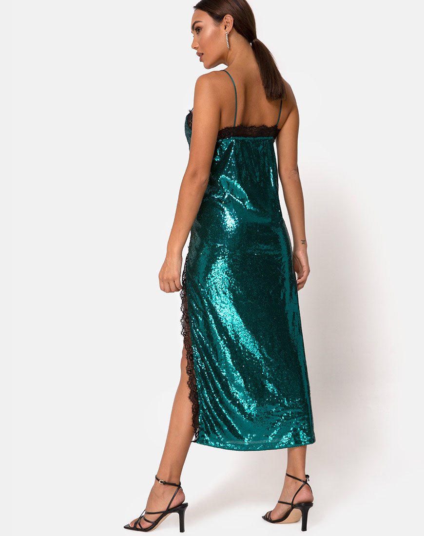 Immagine di Fitilia Dress in mini paillettes verde acqua con pizzo nero