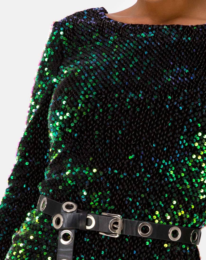 Immagine di MOTEL DELUXE Gabby, vestito con paillettes e schienale alto, verde iridescente