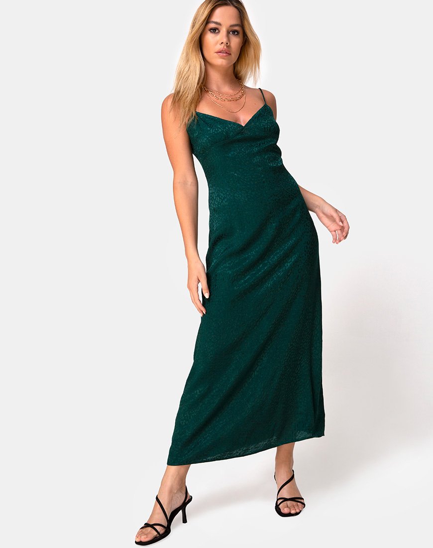 Gaela Slip Dress in raso ghepardo verde bosco