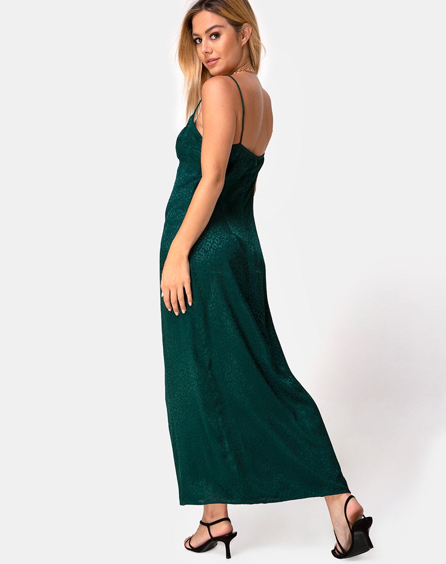 Gaela Slip Dress in raso ghepardo verde bosco