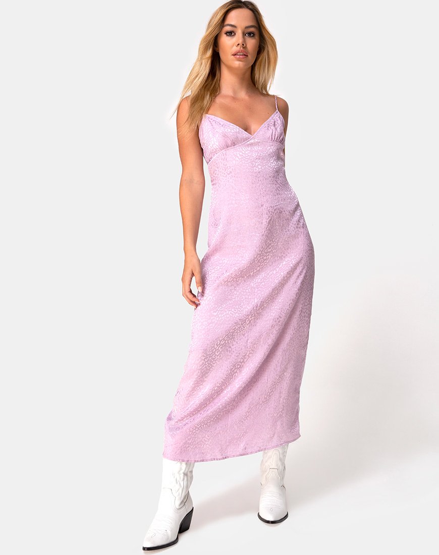 Gaela Slip Dress in raso ghepardato lilla scuro