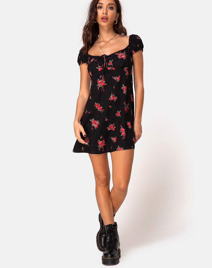 Immagine di Gaval Mini Dress in Soi Rose Nero e Rosso