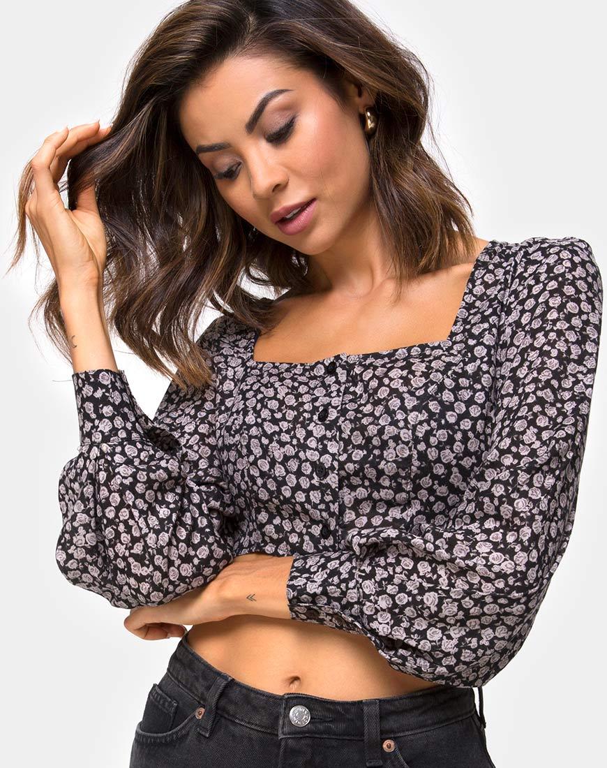 Gazalo - Top cropped in Ditsy Rose Nero