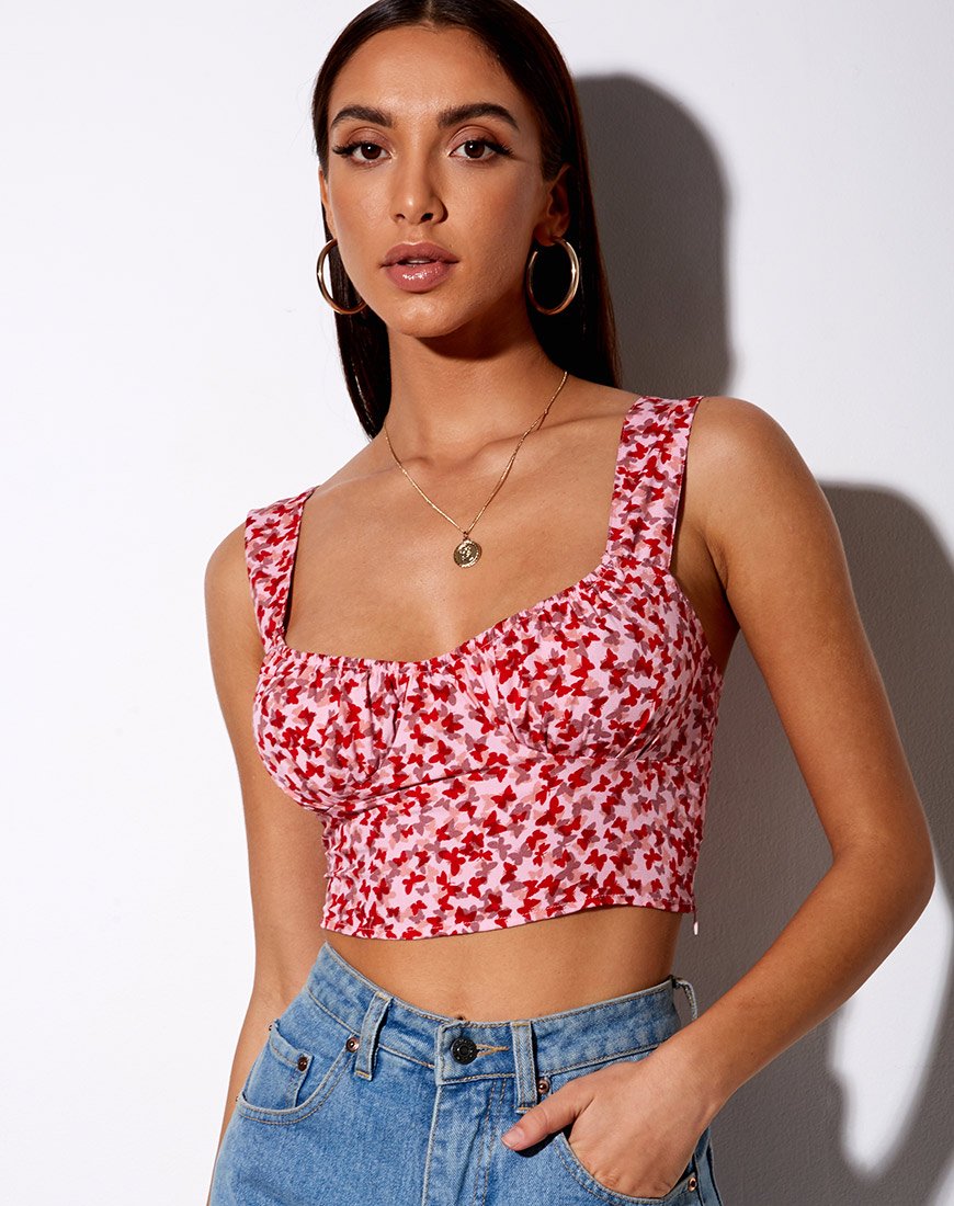 Immagine di Gladis Gilet Crop Top in Ditsy Butterfly Pesca e Rosso