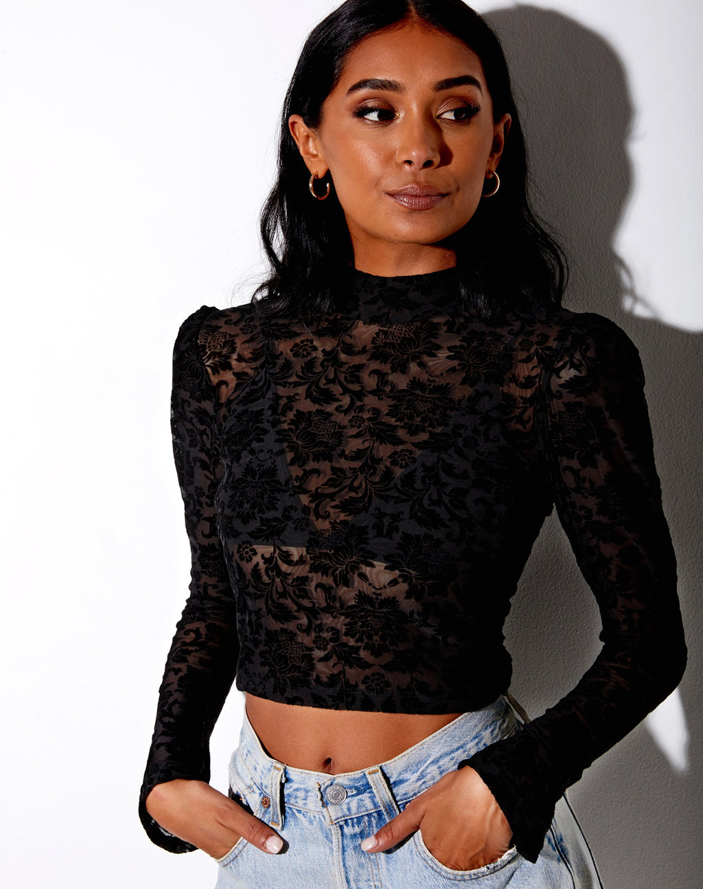 Crop Top Gracy in broccato rosa flock nero