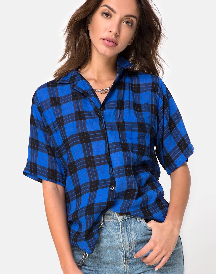 Camicia hawaiana oversize in tartan blu