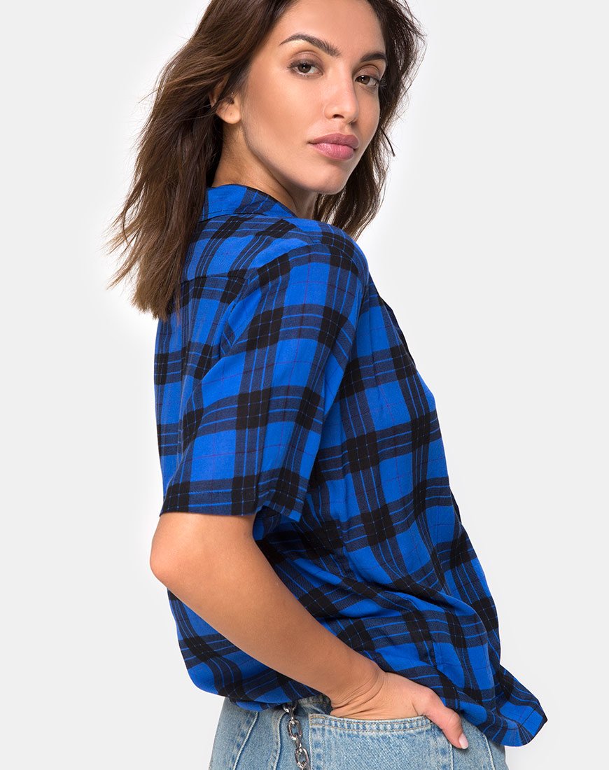 Camicia hawaiana oversize in tartan blu