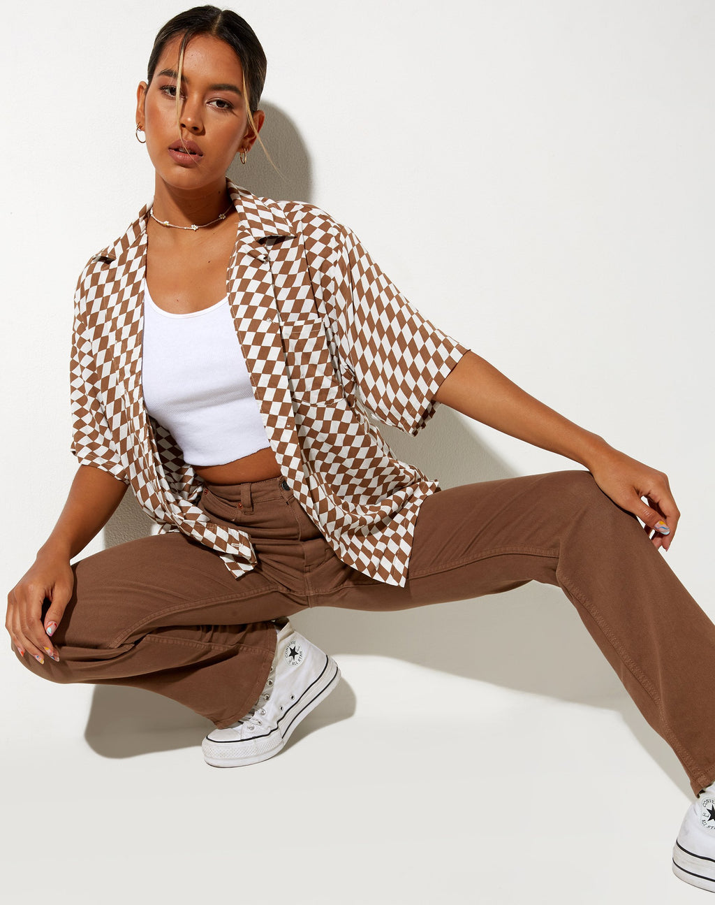 Camicia hawaiana a scacchiera diagonale Tan e avorio