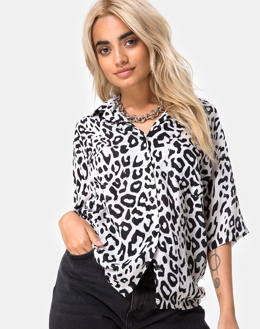 Camicia hawaiana in mono animale grigio e bianco