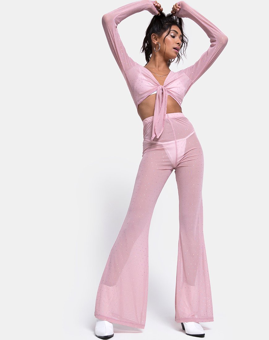 Pantaloni svasati Herlom in rete di cristallo rosa