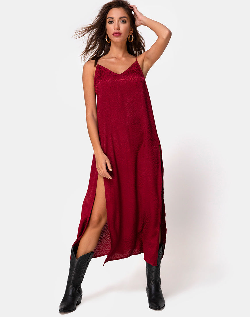 Maxi abito Hime in satin ghepardo lampone