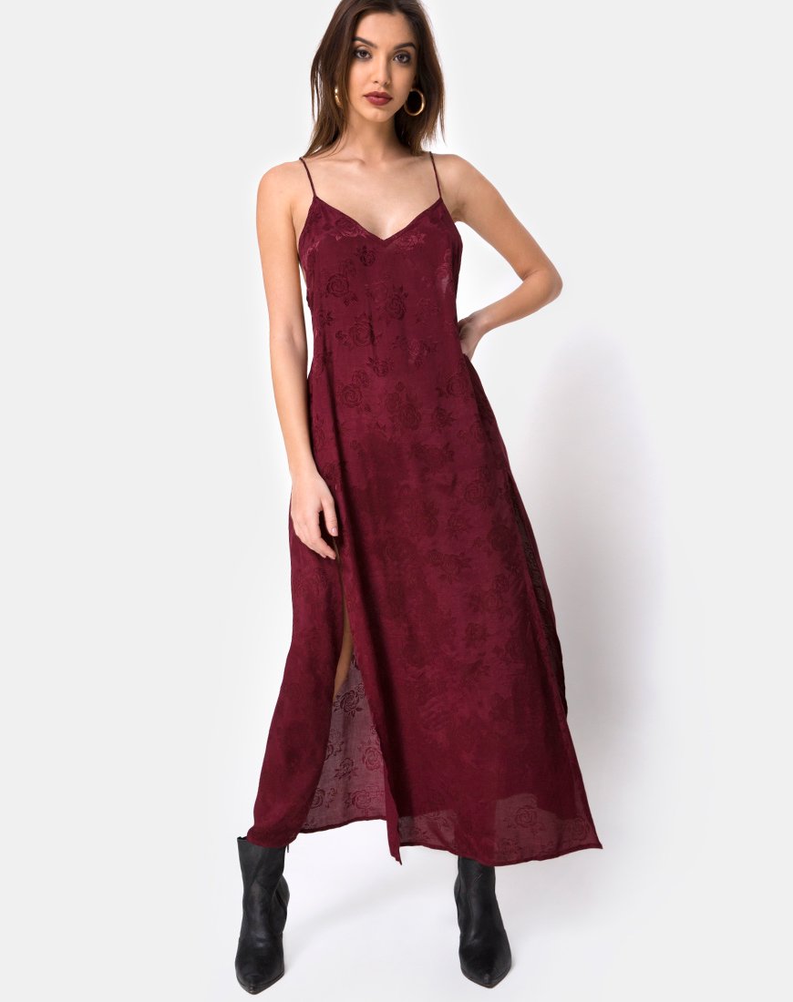 Maxi abito Hime in raso rosa borgogna