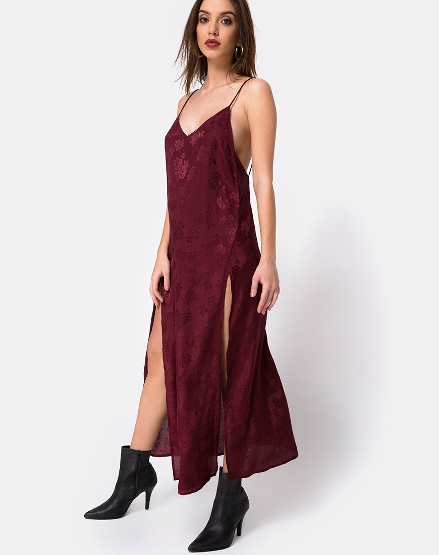 Maxi abito Hime in raso rosa borgogna