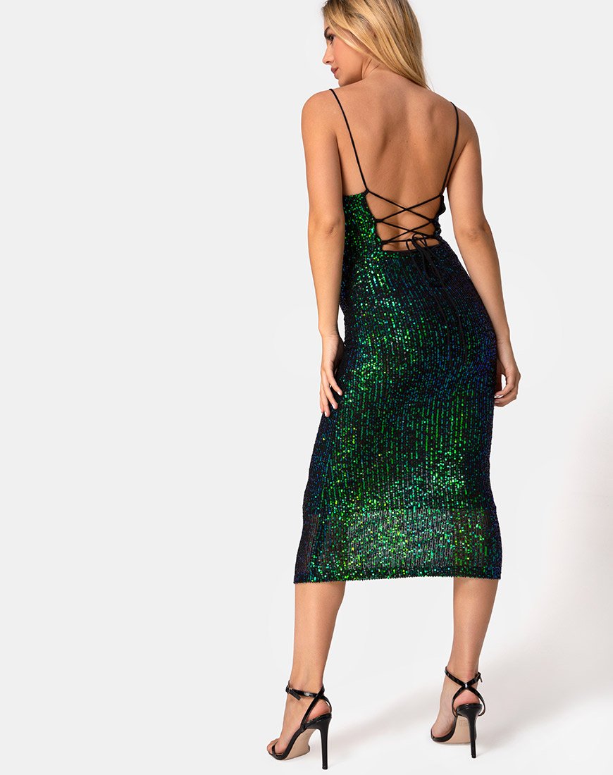 Immagine di Humia Midi Dress in Drape Net Sequin Verde Iridescente
