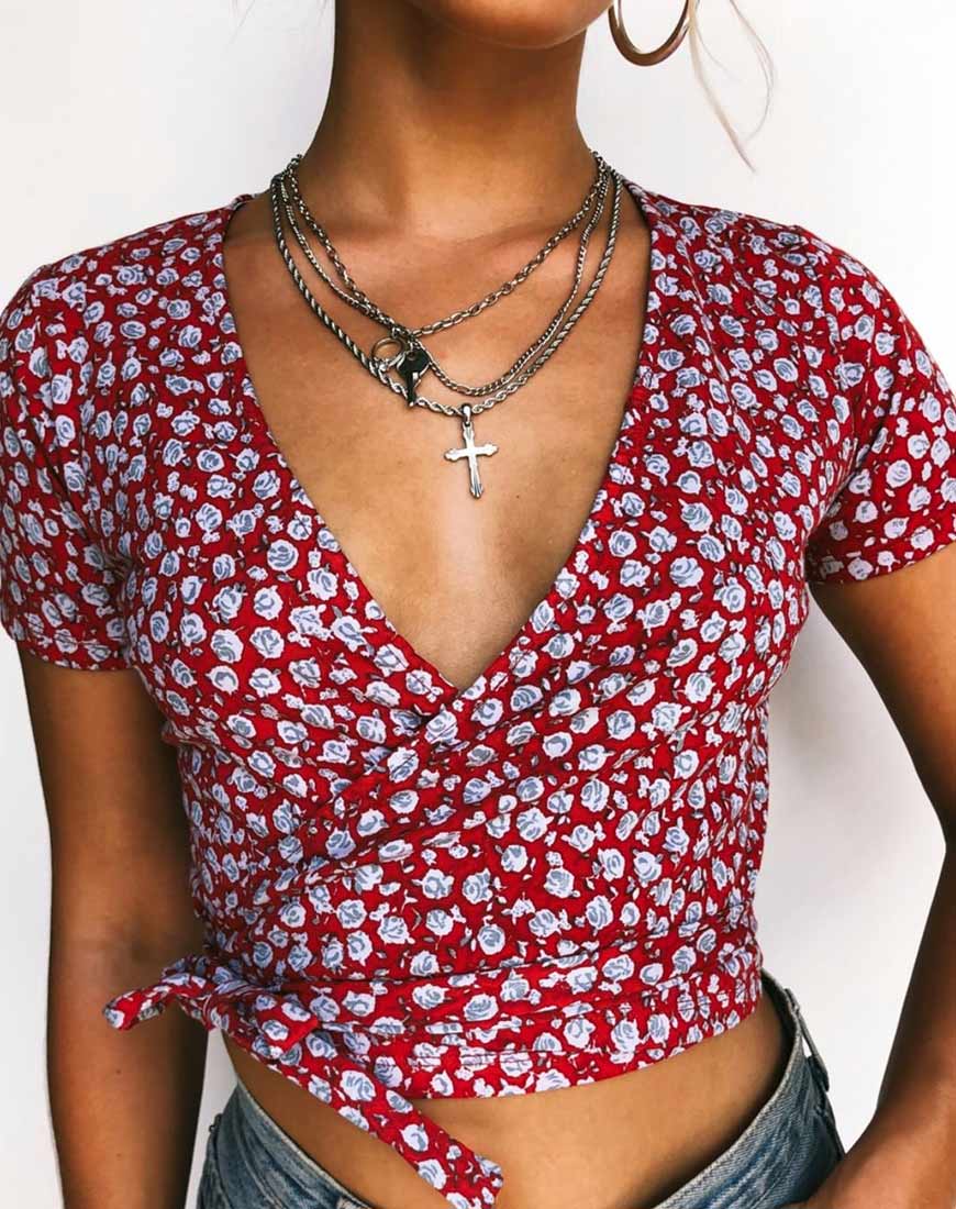 Top Bilen in rosso rosa ditsy e argento