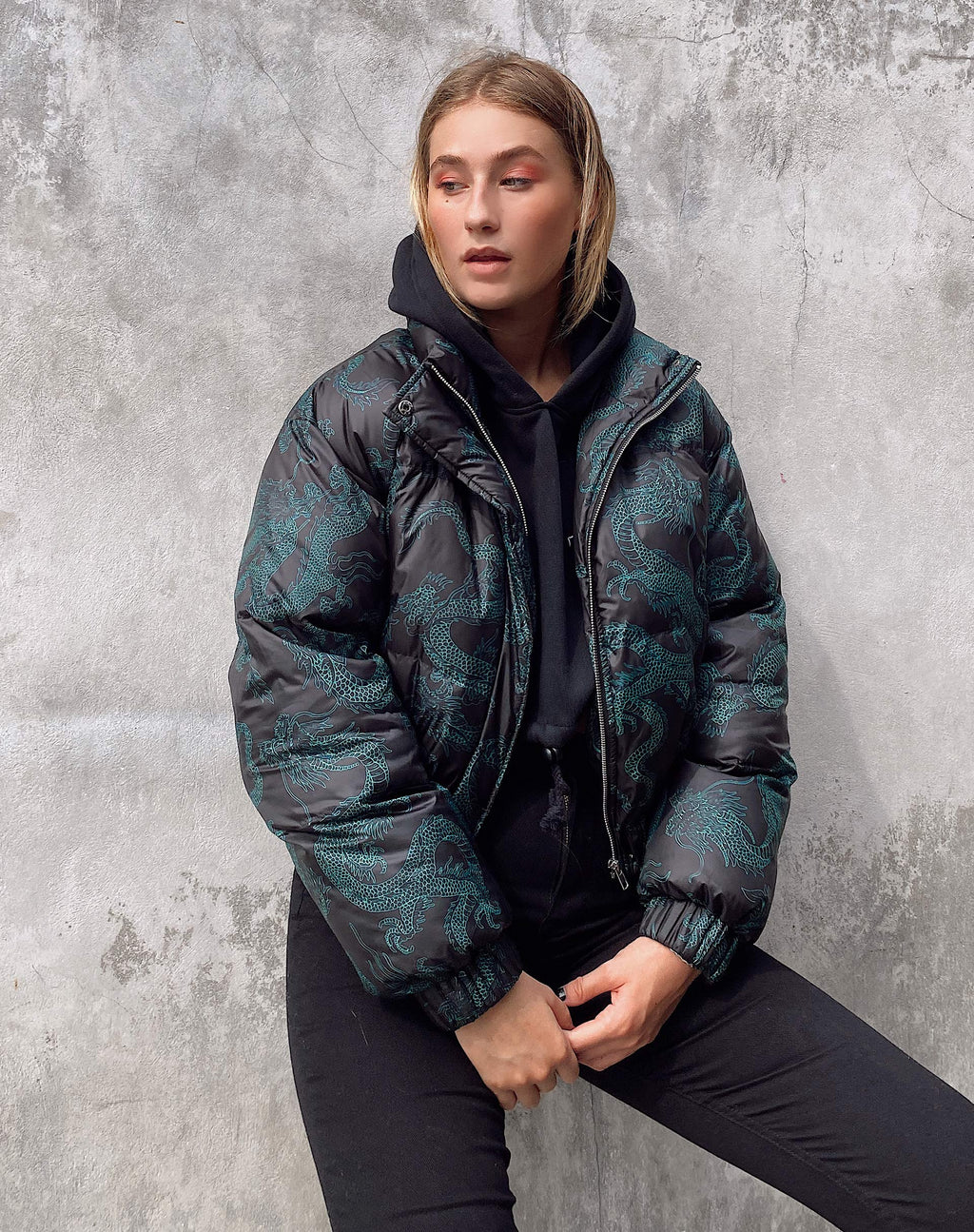 Giacca Puffer Rohos in Dragon Flower nero e menta