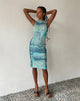 Immagine di MOTEL X JACQUIE Indie Midi Dress in mesh verde e blu pennello astratto