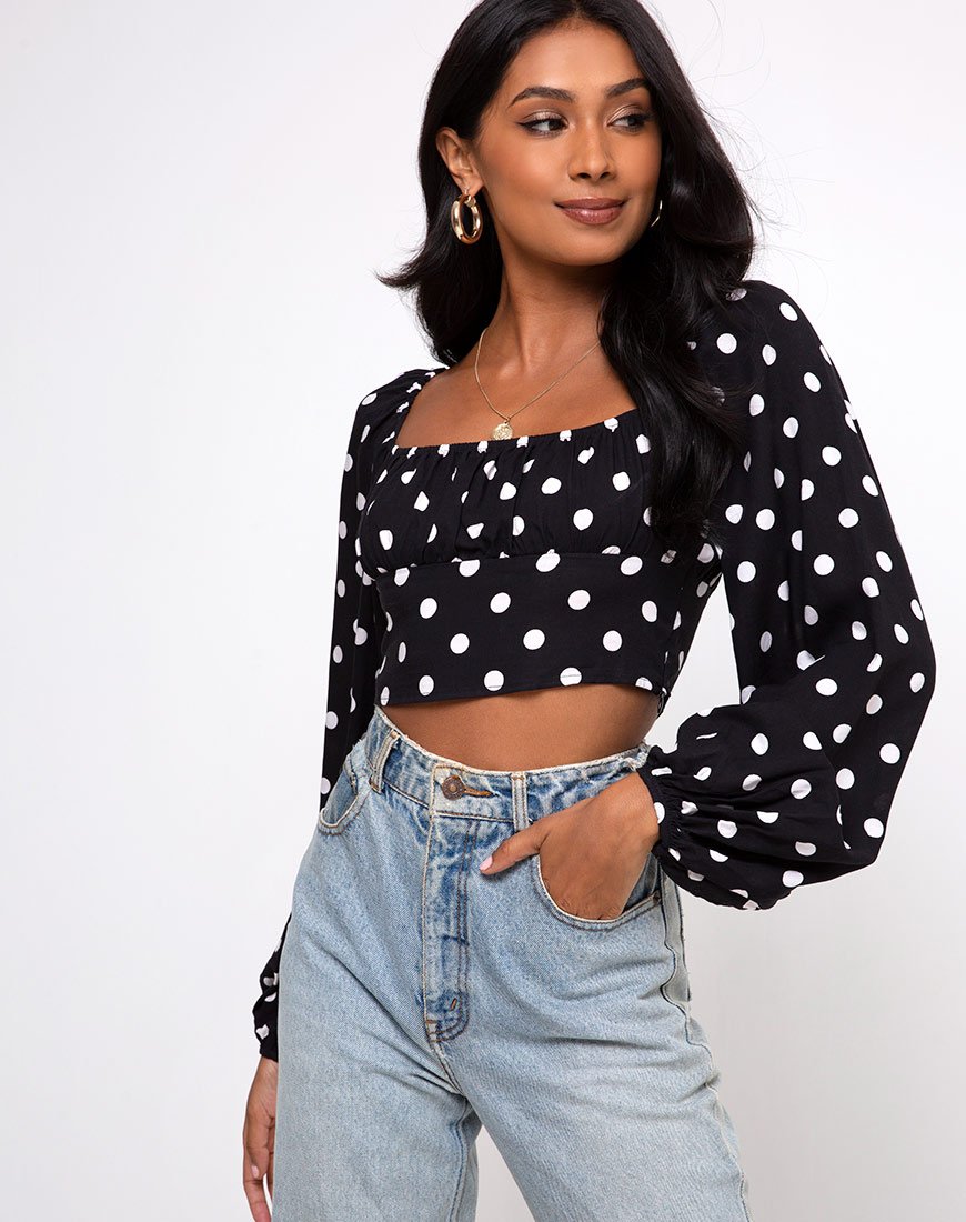 Top Irene a maniche lunghe in polka anni '80 nero