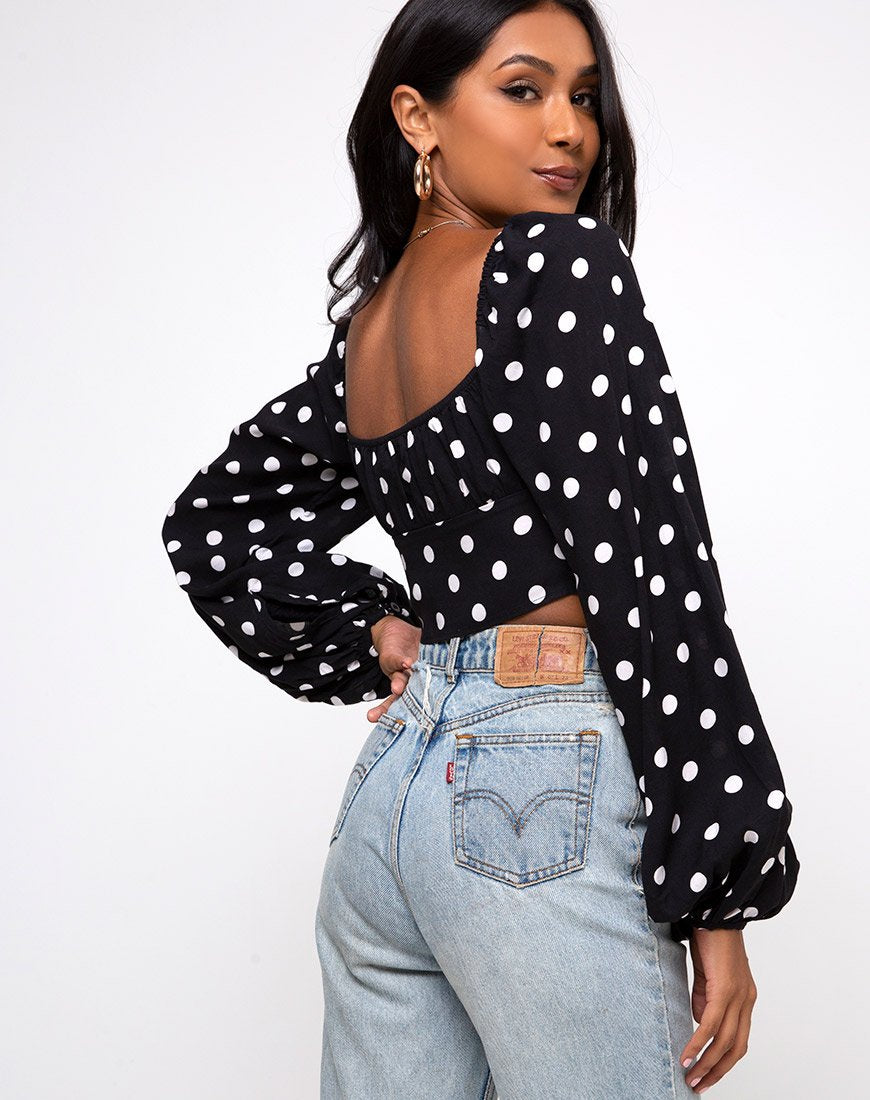 Top Irene a maniche lunghe in polka anni '80 nero