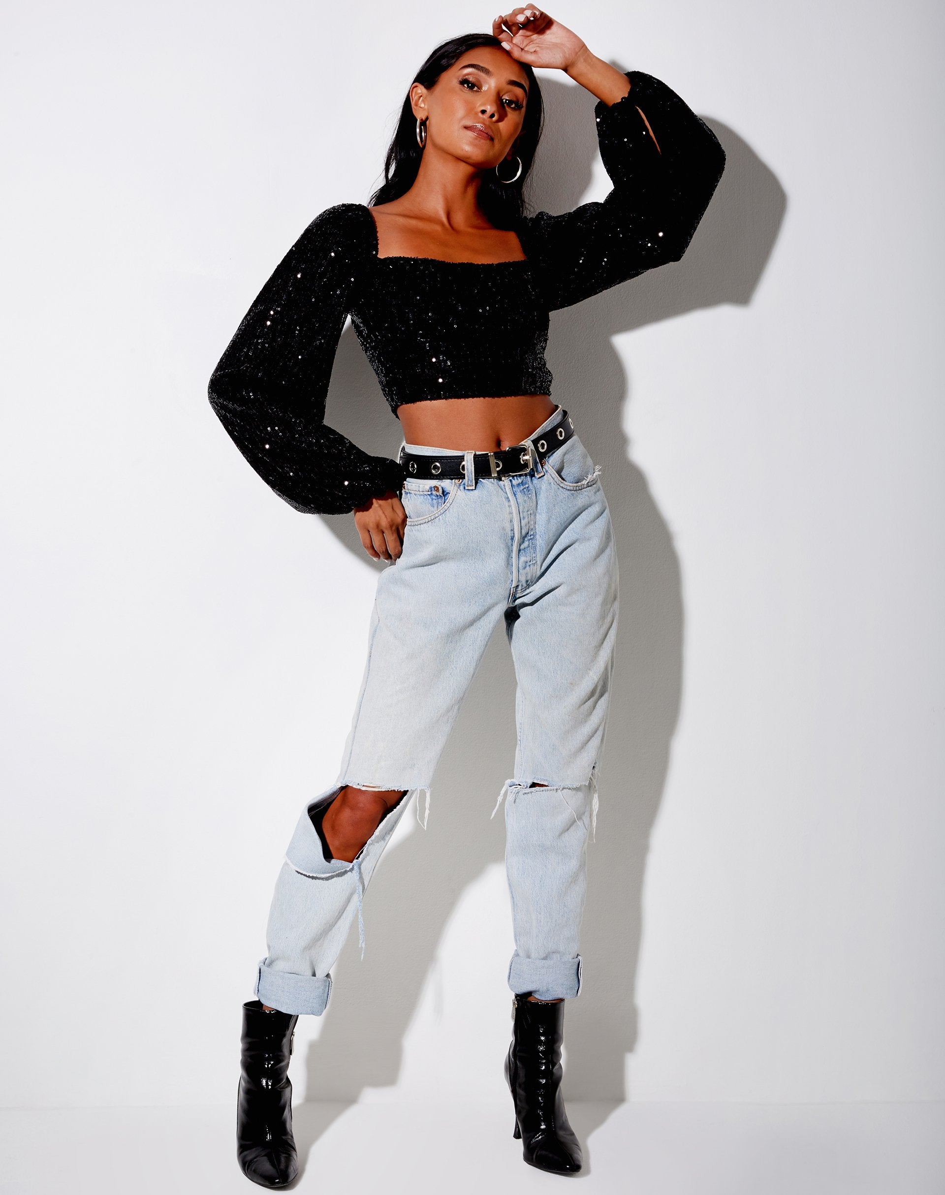 Immagine di Irene Crop Top in Drape Sequin Nero