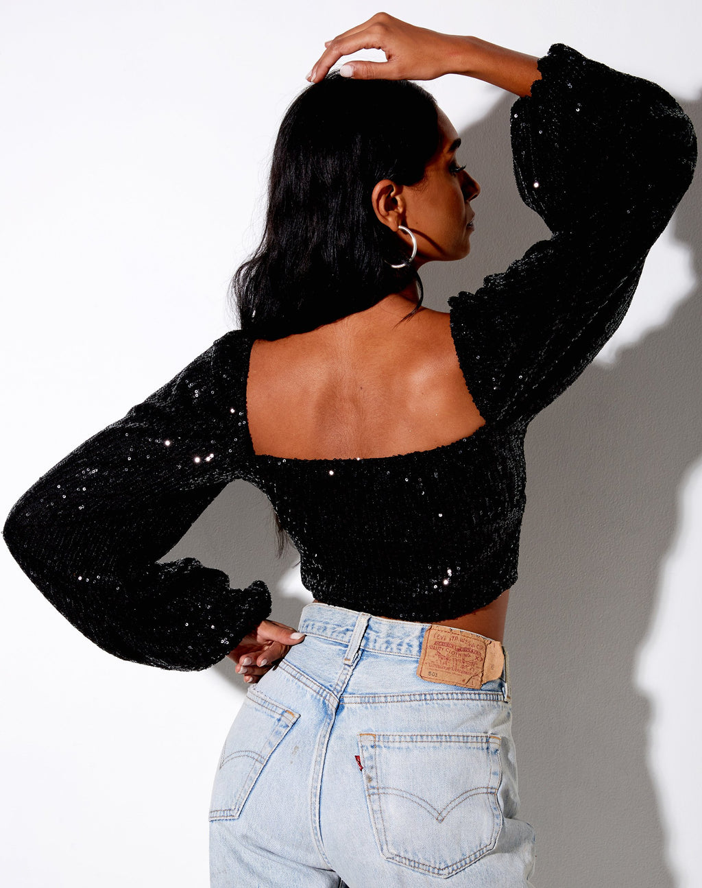 Irene Crop Top in Drape Sequin Nero