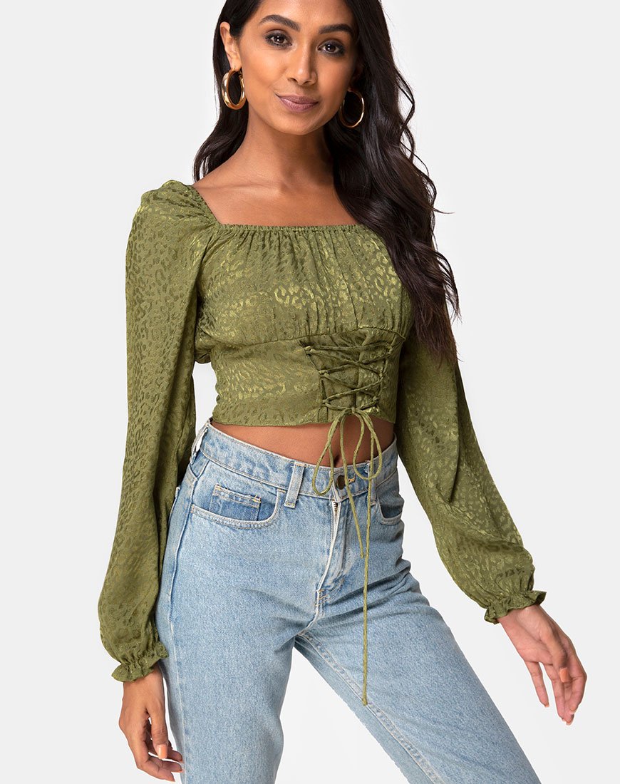 Crop Top Iris in raso ghepardo kaki