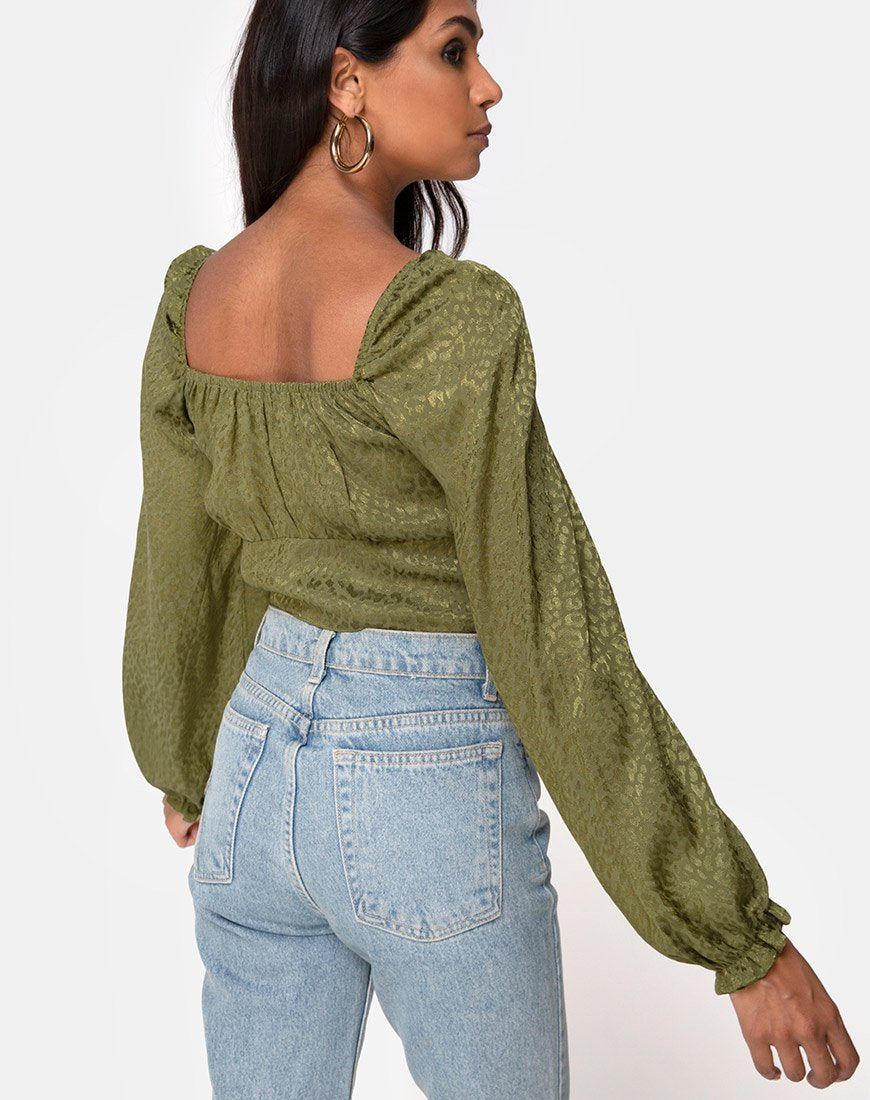 Crop Top Iris in raso ghepardo kaki