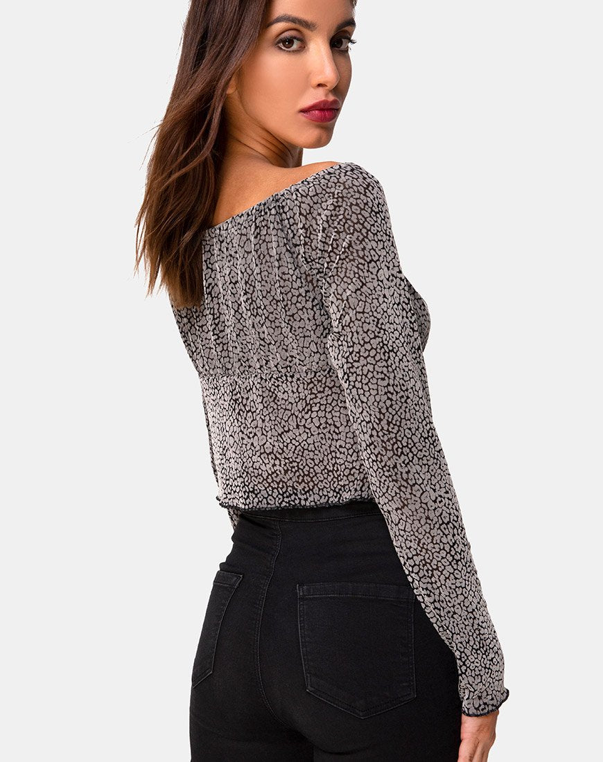 Top Janina in flock grigio leopardo ditsy