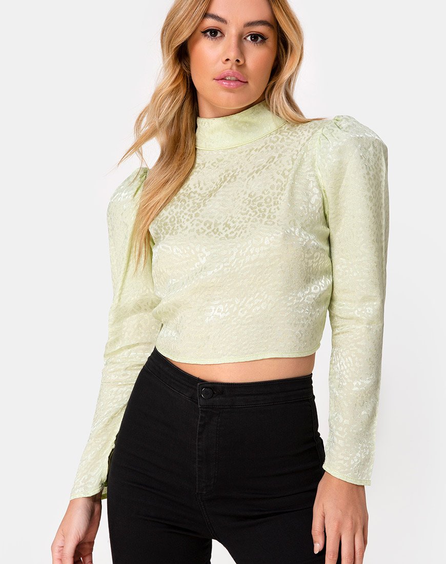 Crop Top Jasty in raso ghepardato Pistacchio