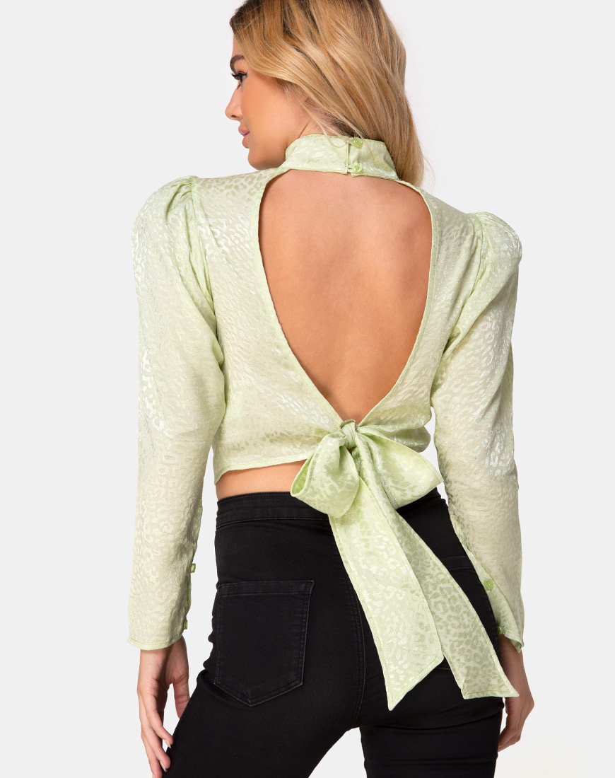 Crop Top Jasty in raso ghepardato Pistacchio
