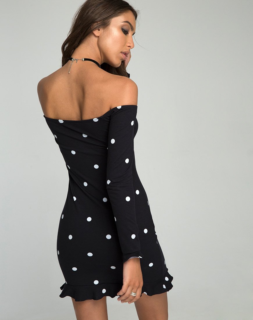 Immagine di Jazzie Off the Shoulder Dress in Polkadot Nero e Bianco